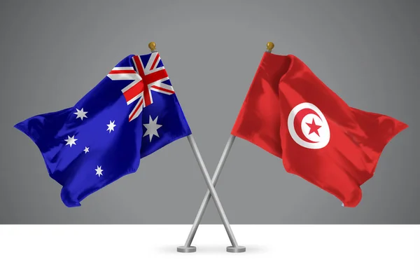 澳大利亚和突尼斯两面交叉横幅的三维图解 澳大利亚和突尼斯关系的标志 — 图库照片
