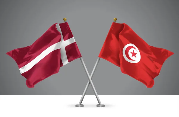 Illustrazione Due Bandiere Sventolate Della Tunisia Della Danimarca Segno Relazioni — Foto Stock