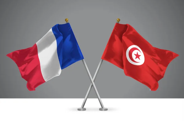 突尼斯和法国两面交叉横幅的三维图解 突尼斯和法国关系的标志 — 图库照片