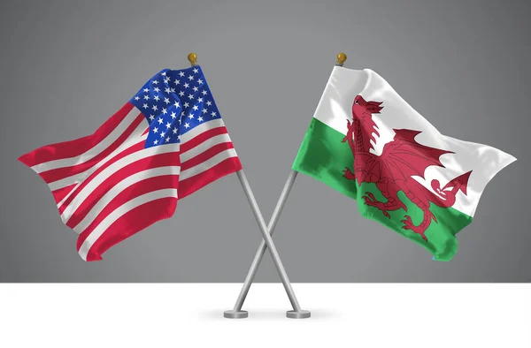 3D illustration of Two Wavy Crossed Flags of United States of America and Wales, Sign of Welsh Relationships