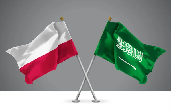 波兰和沙特阿拉伯王国两面波威十字旗的三维图解 波兰和沙特关系的标志 — 图库照片