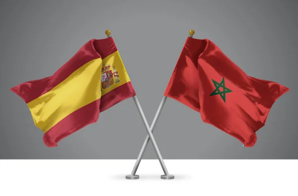 摩洛哥和西班牙两面交叉横幅的三维图解 摩洛哥和西班牙关系的标志 — 图库照片