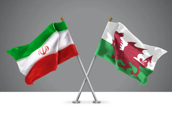 威尔士和伊朗两大波浪横幅三维图 威尔士和伊朗关系的标志 — 图库照片