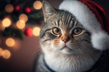 Noel Baba şapkalı kedi Noel ışıkları altında arka planda.