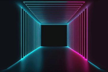 empty dark tunnel illuminated by neon tube lights in cyan and magenta