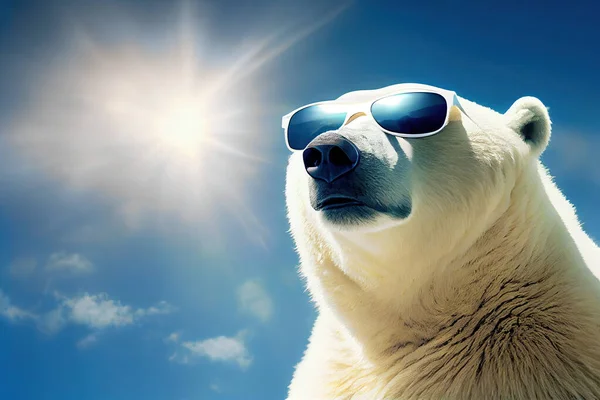 Polar bear or ice bear portrait wearing sunglasses. Global warming and climate change concept..