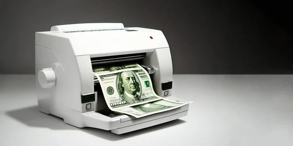 Money making machine printing fake or counterfeit dollar bills. Generative AI.