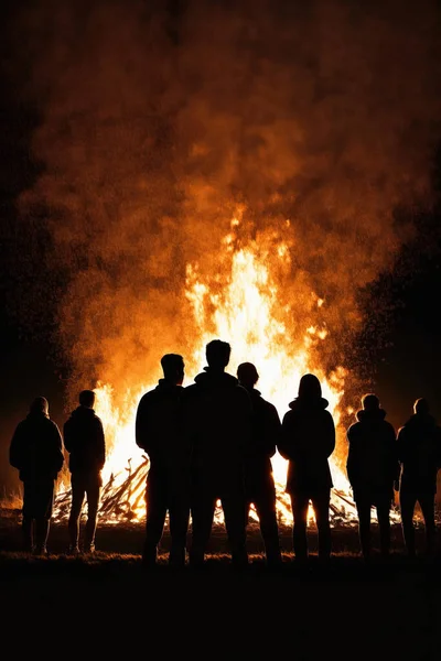 stock image People silhouettes watching easter fire or bonfire. Vertical format with copy space.