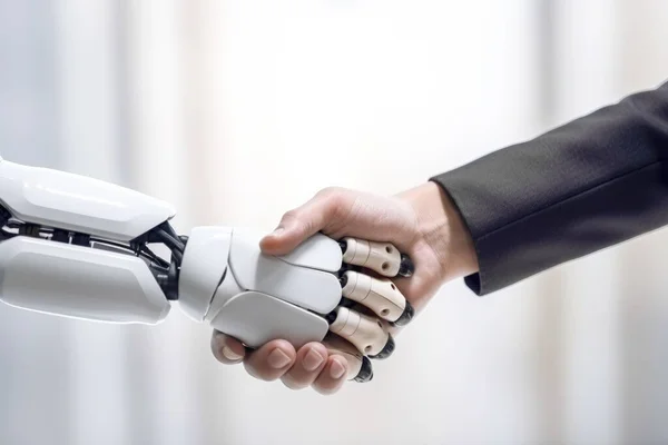 Robot and human partner shake hands in business handshake. Generative AI.
