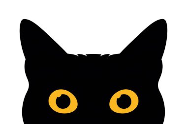 Black cat with striking yellow eyes peering over the bottom edge, isolated on a white background clipart