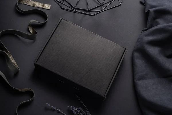 Black Cardboard Package Box Dark Background — Fotografia de Stock