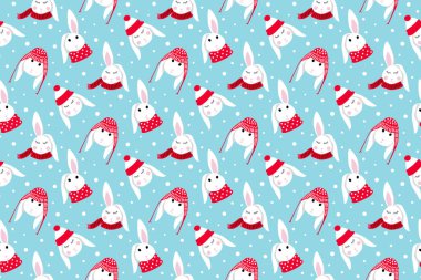 Kar taneli Noel deseni ve mavi arka planda sevimli tavşan, vektör kış çizimi