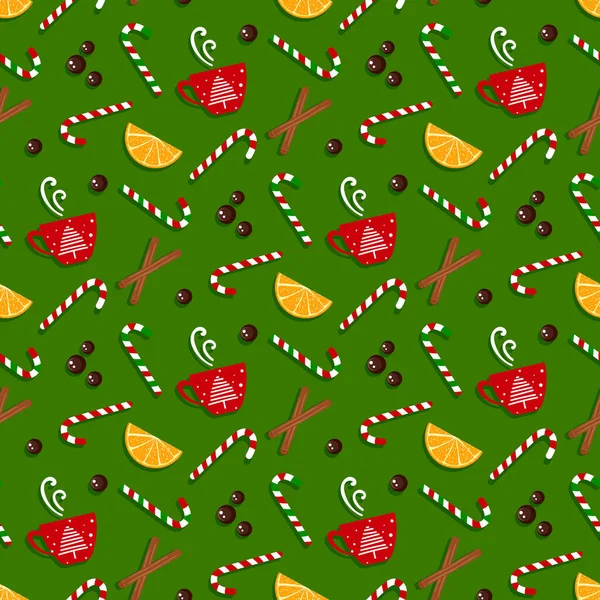 新年快乐的图案 传统的圣诞食品 有肉桂棒 糖果手杖 巧克力或咖啡杯 — 图库矢量图片