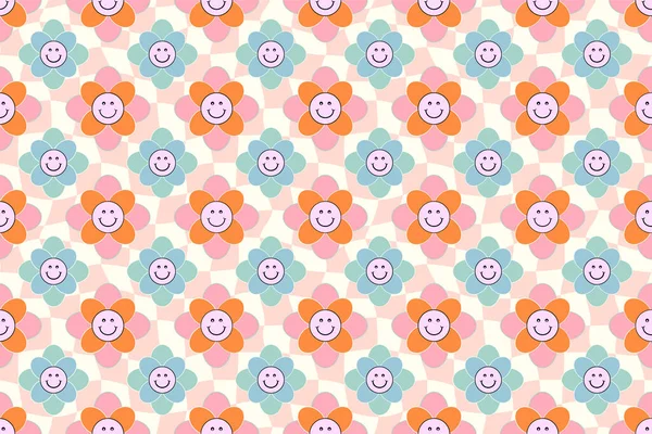 Счастливый Улыбчивый Цветочный Узор Психоделическом Триппи Грубоватом Шахматном Фоне Цветы — стоковый вектор