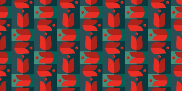 复古花卉图案 最小红色郁金香几何风格背景 抽象春花墙纸 邀请函 面料设计 — 图库矢量图片