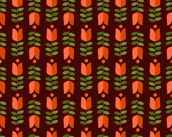 レトロなパターン 幾何学的なかわいい花のオレンジ色のチューリップと茶色の背景の緑の葉 抽象的な花の壁紙 ポスター 招待状 あなたのデザインのための生地 — ストックベクタ