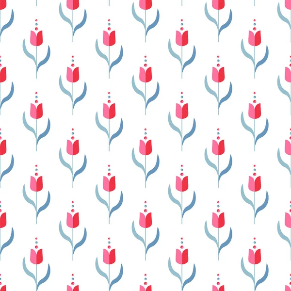 Симпатичный Цветочный Бесшовный Узор Маленький Красный Тюльпан Синие Листья Мотивы — стоковый вектор