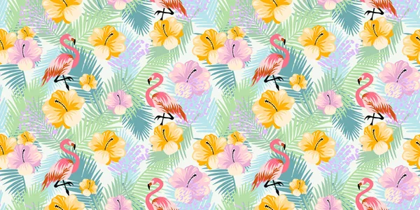 Abstrakt Blommigt Sömlöst Mönster Med Tropiska Djungelblad Exotiska Flamingo Fåglar — Stock vektor