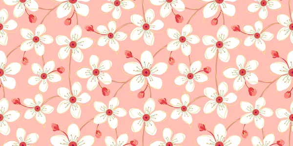 抽象的な花のシームレスパターン 花の手の背景を描く 春桜花枝 Print — ストックベクタ