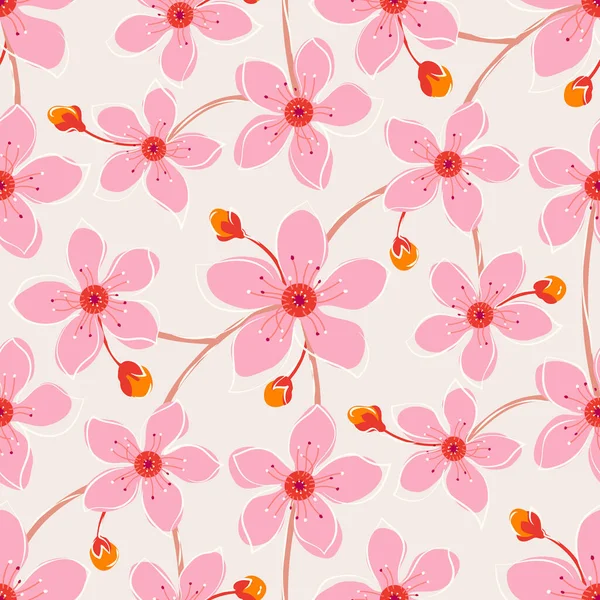 Abstraktes Florales Nahtloses Muster Kirschblüte Niedliche Blumen Hand Zeichnung Hintergrund — Stockvektor