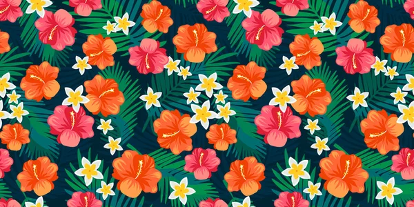 Tropisches Florales Nahtloses Muster Mit Hellem Hibiskus Weißen Gelben Frangipani — Stockvektor