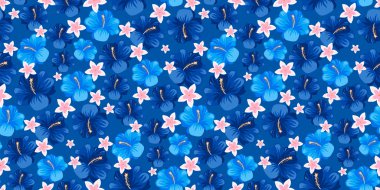 Amfibik, frangipani ve mavi arkaplan resimli tropikal, dikişsiz desenler. Hawaii tarzı kumaş baskı tasarımı