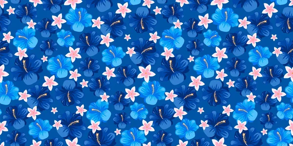 Trópusi Virág Zökkenőmentes Minta Hibiszkusz Frangipani Kék Háttér Illusztráció Hawaii — Stock Vector