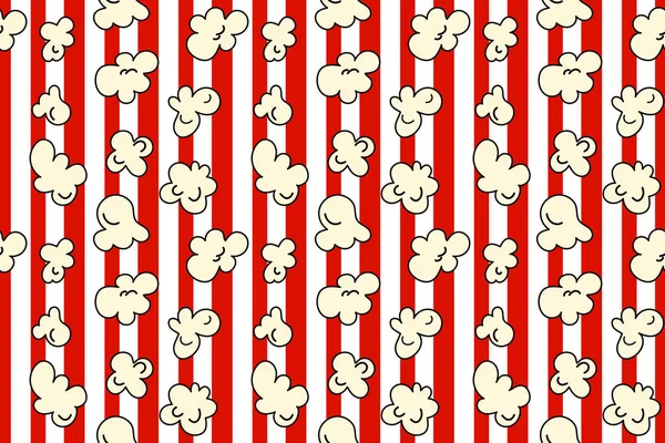 赤と白の縞模様の背景にポップコーンシームレスパターン ベクターイラスト漫画風 — ストックベクタ