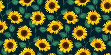 Koyu mavi arka planda soyut, güzel ayçiçeği desenli desen tasarımı. Dekoratif sevimli çiçek vektör çizimi