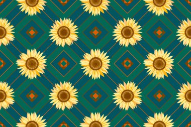 Geometrik kare koyu renkli arka planda sarı ayçiçeği deseni var. Dekoratif sevimli çiçek vektör çizimi mavi ve yeşil arkaplan. Tekstil, kumaş baskı tasarımı