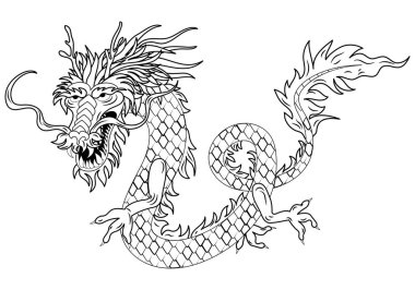 Geleneksel siyah ejderha çizimi beyaz arka planda izole edilmiş. Çin Yeni Yılı, Ejderha Yılı