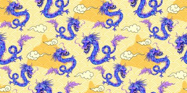 Çin geleneksel ejderhası, bulutlu, dağ ve dalgalı su dokusuna sahip kusursuz desenli. Ejder Yılı 