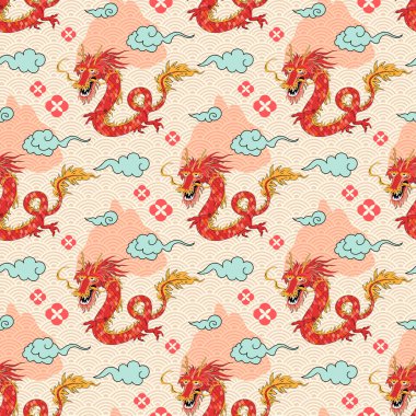 Çin geleneksel ejderhası, bulutlu, çiçekli, dağ ve dalgalı su dokusuyla kusursuz desenli. Ejder Yılı 