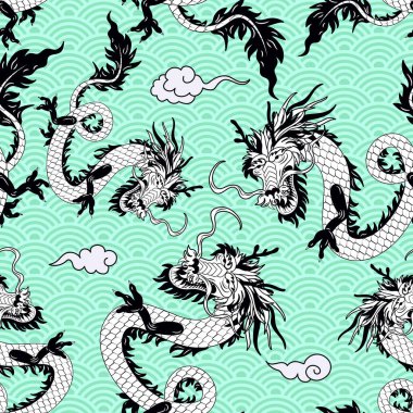 Çin, Japon Asya tarzı ejderhalar, dikişsiz desen, poster, kart, arka plan tasarımı. Çin Yeni Yılı, Ejderha Yılı 2024
