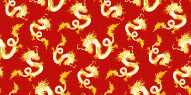 Çin yeni yılı, ejderha yılı 2024. Çin, Japon Asya tarzı ejderhalar dikişsiz desen, poster, kart, arkaplan tasarımı