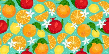 Turuncu, nar, limon meyvesi, mavi arka planda yapraklar ve çiçeklerden oluşan renksiz bir desen. Yaz zamanı kumaş baskı tasarımı