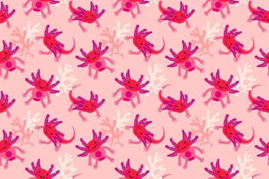 Pembe Axolotl, su altı elementleriyle kusursuz desen. El çizimi komik hayvan vektör çizimi, baskı tasarımı