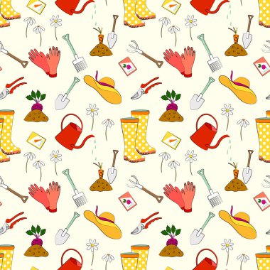 Yay, bahçe aletinin eli kusursuz desen çizer. Lastik botlar, sulama kutusu, tohum paketi, kürek, organik tarım arka plan tasarımı olan ev işleri.