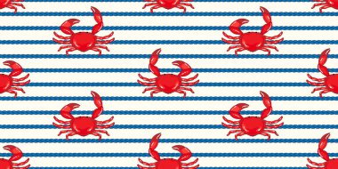 Sahil, deniz yaşamı desenli beyaz arka planda denizcilik tarzında ipli şirin kırmızı yengeçler.