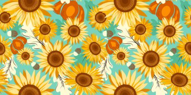 Güz konsepti, elle çizilmiş şirin balkabakları ve ayçiçekleri ile kusursuz desen. Hasat, Şükran Günü ya da turkuaz renk arkaplanındaki Cadılar Bayramı baskısı