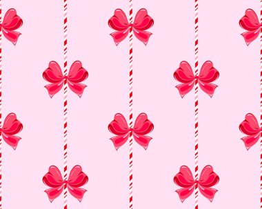 Noel arkaplanda şeker kamışı ve şirin kırmızı fiyonk. Nane şekerli kusursuz çiftleşme deseni, yeni yıl arifesi veya Noel tatili için vektör çizimi.