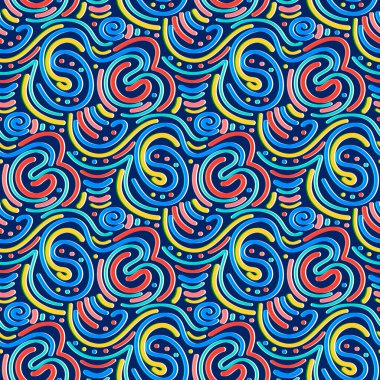 Renkli el çizgileri ve noktalar pürüzsüz desen çizmiş. Soyut temel girdap şekilleri çok renkli arkaplan. Vektör illüstrasyon tekstil veya duvar kağıdı tasarımı