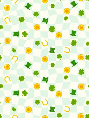 Yonca, at nalı, altın sikke, leprikon şapka ve geometrik harikadır. Vektör illüstrasyonu