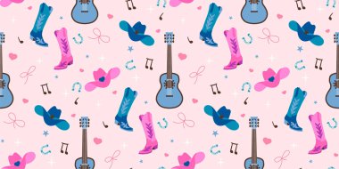 Cowboy Country style music and dance concept seamless pattern. Wild west illustration with boots, hat, guitar and horseshoe  clipart