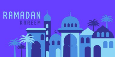 Ramazan Kareem tebrik kartı, poster tasarımı şehir manzaralı modern tarz. Grafik yazdırma vektör illüstrasyonu