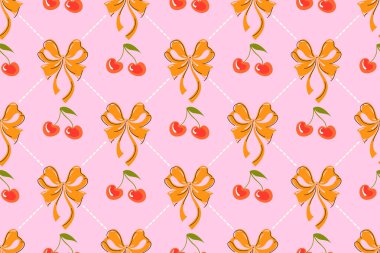 Sarı yay desenli, şirin kırmızı kiraz. Pembe arka planda meyveli Trellis