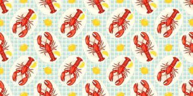 Açık mavi kareli arka planda limonlarla eşleştirilmiş kırmızı ıstakozları içeren renksiz desenler. Yaratıcı projelerde, mutfak dekorunda ve deniz temalı tasarımlarda kullanmak için mükemmel. Vektör illüstrasyonu