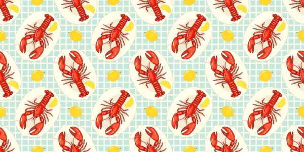 Açık mavi kareli arka planda limonlarla eşleştirilmiş kırmızı ıstakozları içeren renksiz desenler. Yaratıcı projelerde, mutfak dekorunda ve deniz temalı tasarımlarda kullanmak için mükemmel. Vektör illüstrasyonu