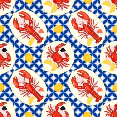 Istakoz, yengeç, havyar, tabakta limon, mavi geometrik karo şekilli arka plan, deniz ürünleri temalı, mutfak dekorasyonu veya kumaş tasarımları için mükemmel. Neşeli deniz ürünleri vektör çizimi