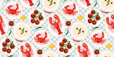 Şarap, makarna, deniz mahsulleri, domates, limon ve mavi kiremitler içeren Akdeniz renkleri besin öğeleri posterleri, kart ya da arkaplan tasarımı. İtalyan yemeği, kültür ve seyahat temalı baskı tasarımı. Posterler, tarifler ve mutfak dekoru.